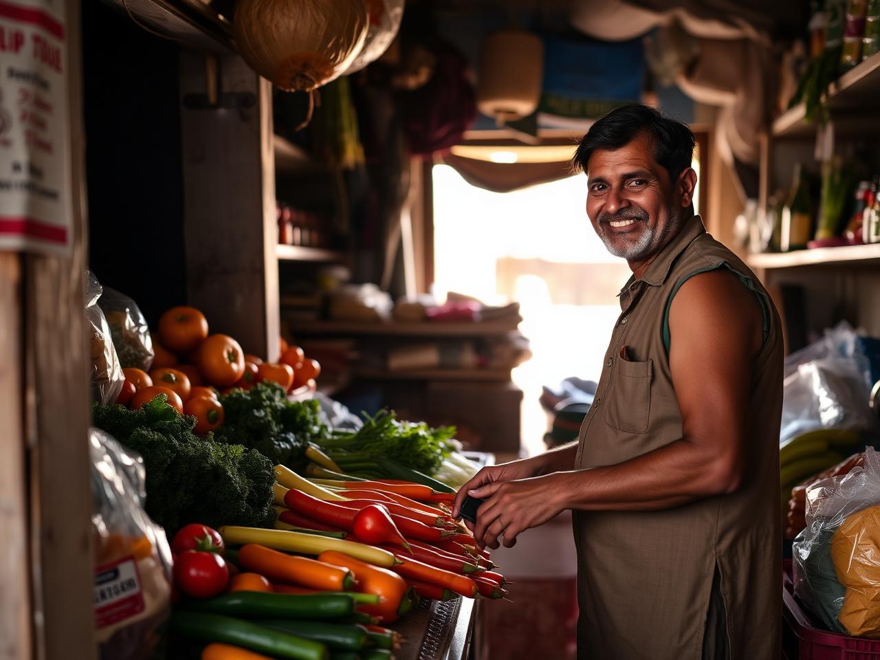 Shopkeeper arranging fresh vegetables at the shop counter