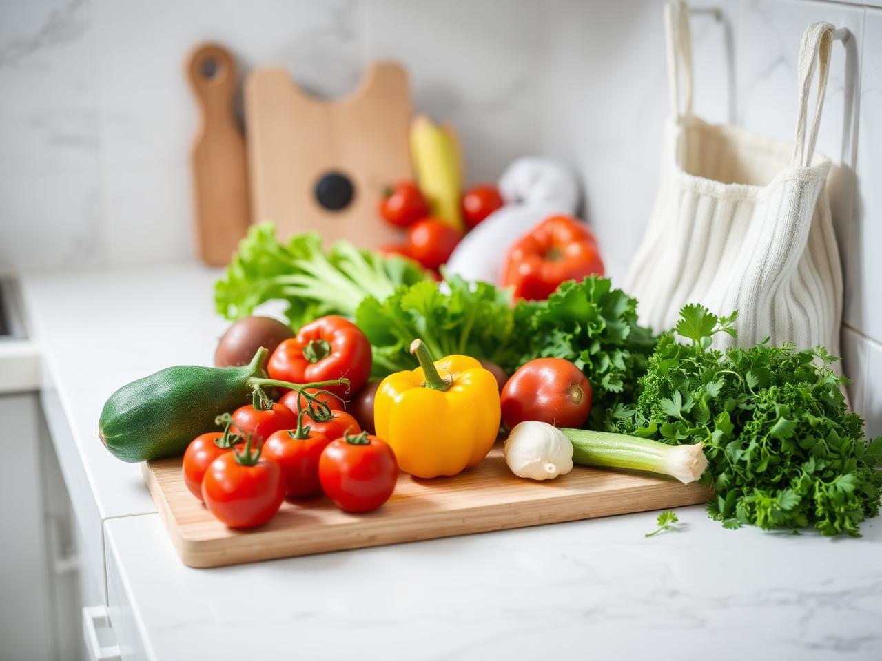 Washed fresh vegetables on a clean kitchen counter