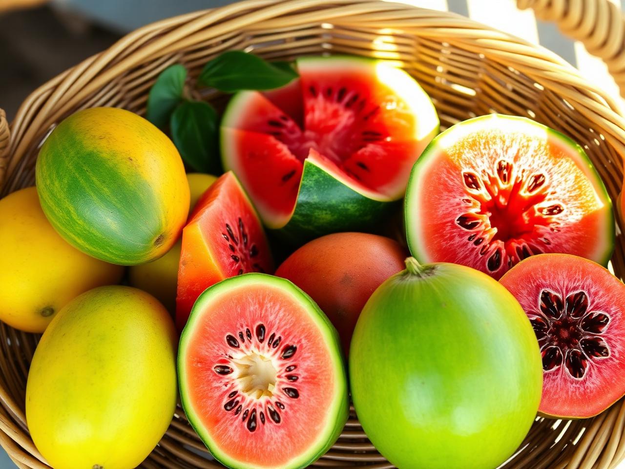 Seasonal fruits including mango, watermelon and papaya