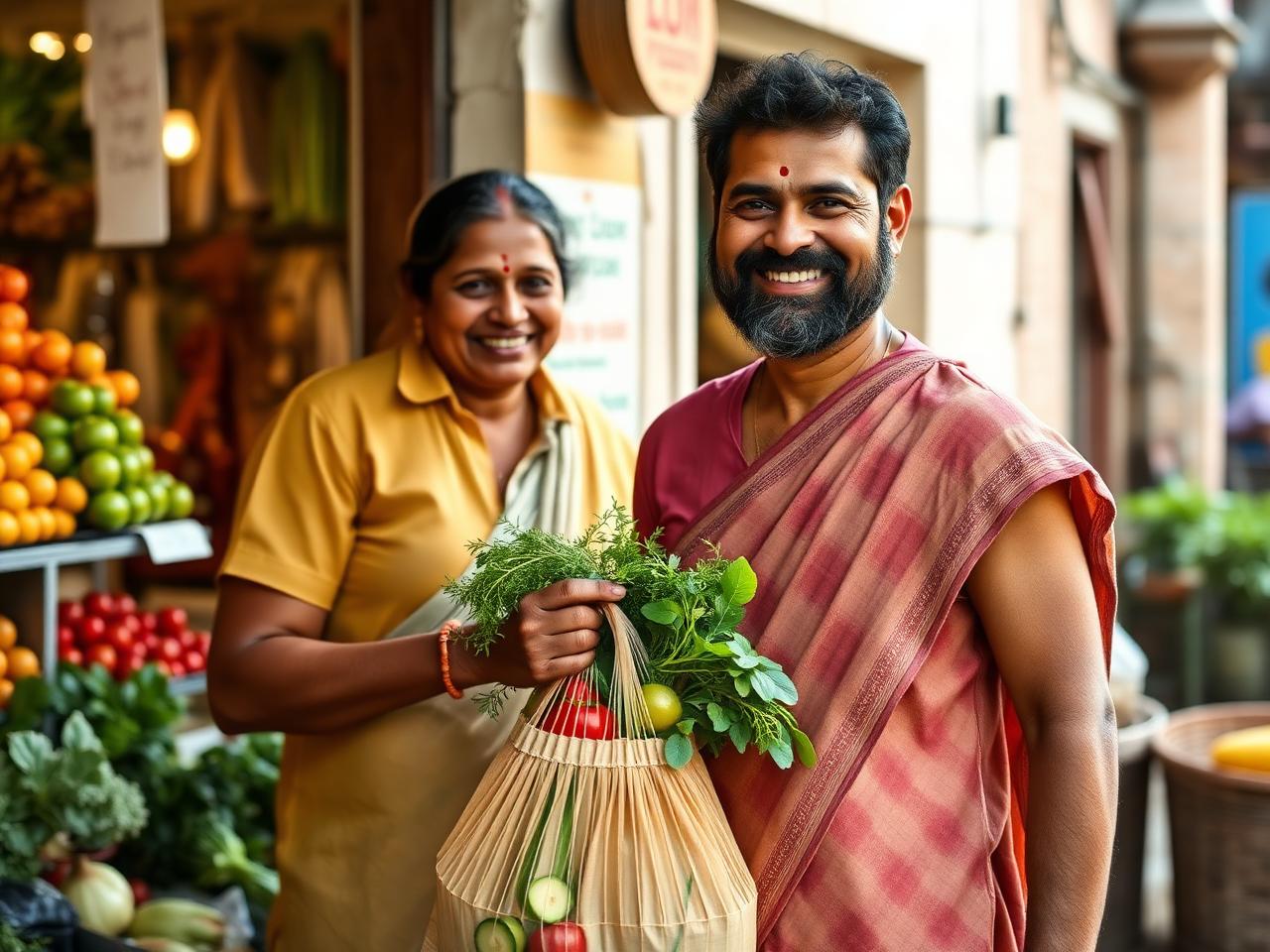 Local customers with a bag of fresh produce outside our shop